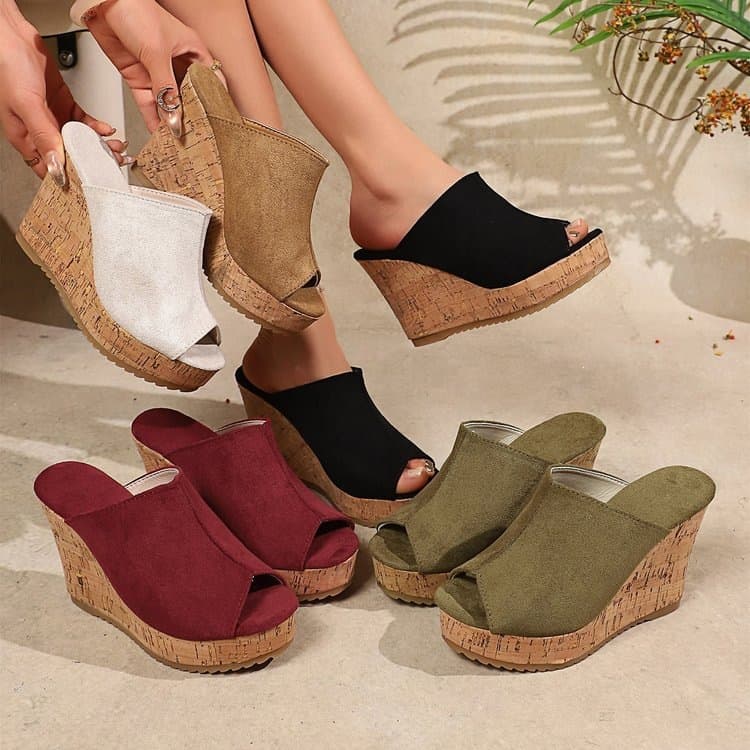 2026 New Cork Wedge Peep-Toe Sandals Suede Platform High Heel Women's Shoes Cross-Border E-Commerce Supply