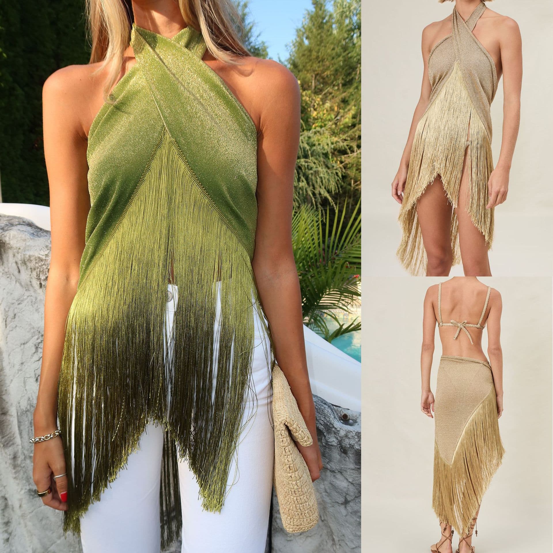 In-Stock Cross-Border European and American Fashion Sexy New Style Multi-Wear Halter Neck Women's Long Sequin Tassel Top Su4307