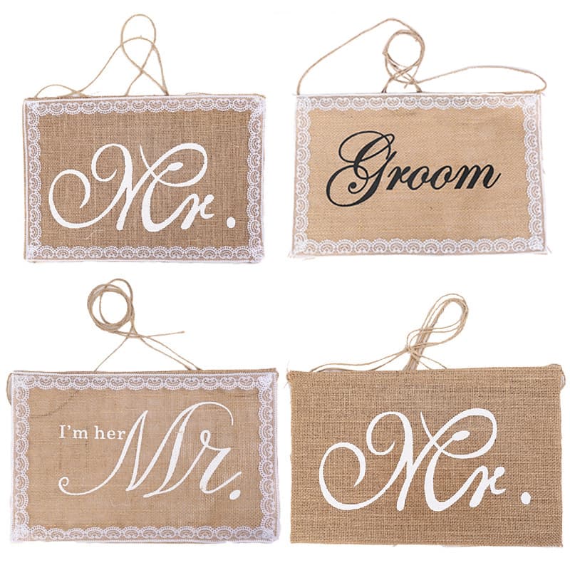 Linen Chair Back Banner, European and American Style Wedding Decoration, MR MRS Bride and Groom Chair Back Decor