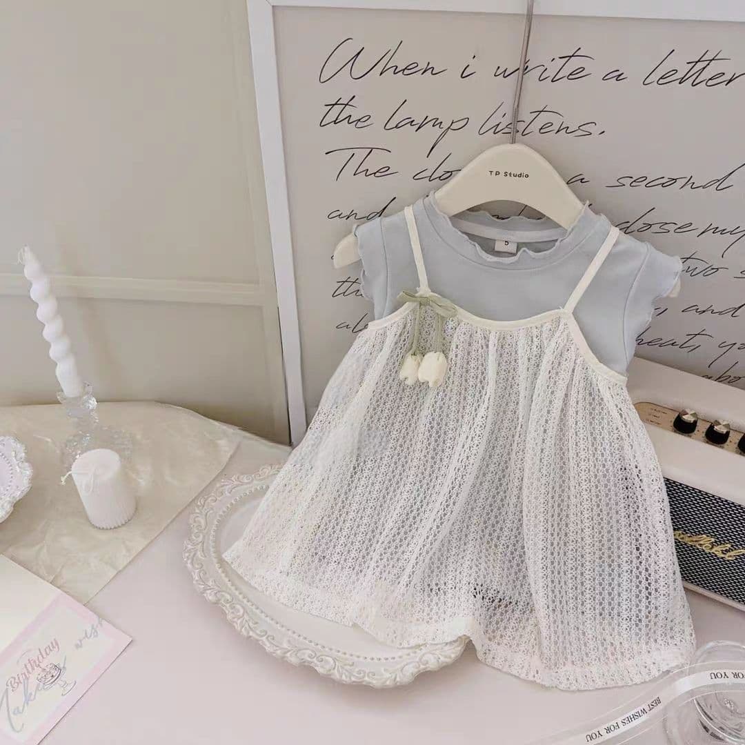 Tianxiaosi new summer baby girl blue vest dress lace suspender tulip bud dress two-piece set