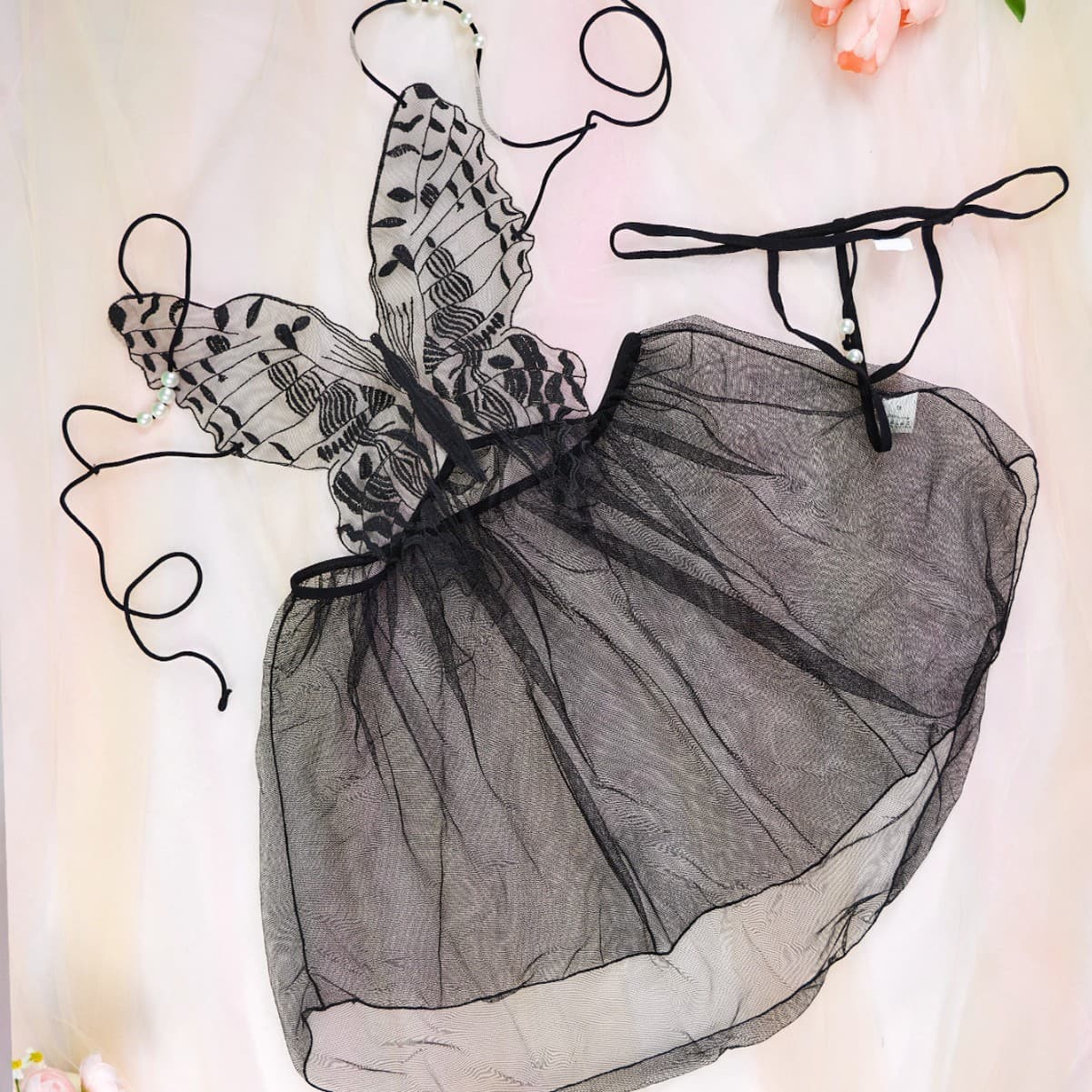 Cross-border Sexy Lingerie Mesh Butterfly Bra Strap Camisole Tutu Skirt Sexy Beaded See-through
