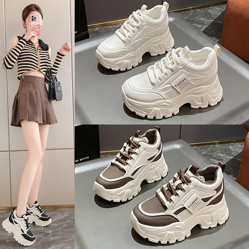 Fashionable thick-soled leather dad shoes for women 2025 spring new mesh wear-resistant sports shoes versatile height-increasing casual shoes