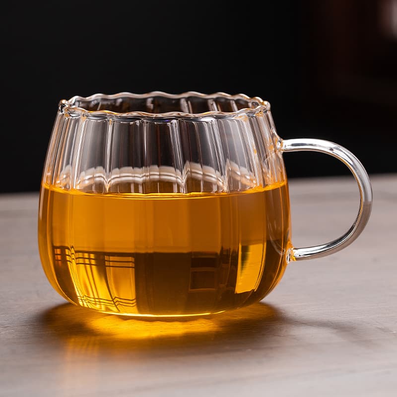 Vertical Ribbed Lace High Borosilicate Tea Cup, Household Heat-Resistant Tea Cup with Handle, Office Transparent Flower Tea Coffee Glass Cup