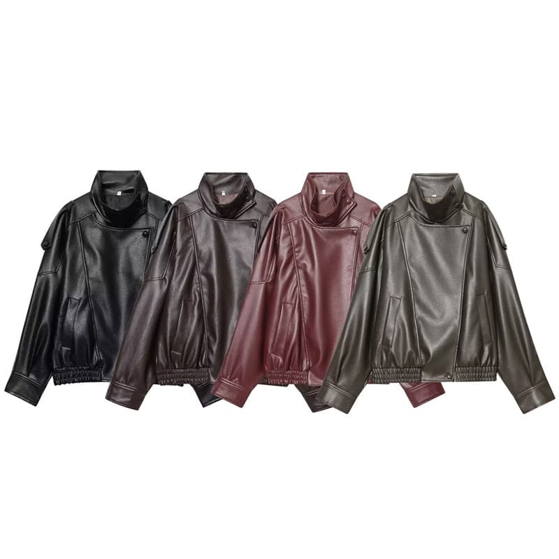 UNIZERA Women's 2026 New Arrival Loose-Fit Long-Sleeve Faux Leather Stand-Collar Jacket Coat 4391872