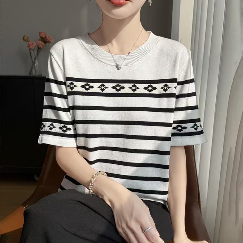 Jacquard Nautical Style Knit Stripe Short Sleeve Women 100% Cotton Yarn Summer Thin Tee Round Neck Elegant Temperament Top