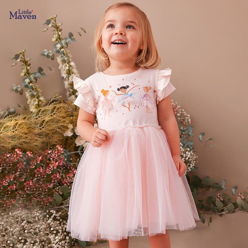 Little Maven European and American style mesh princess dress, summer cartoon girls' dress, short-sleeved pure cotton children's dress.