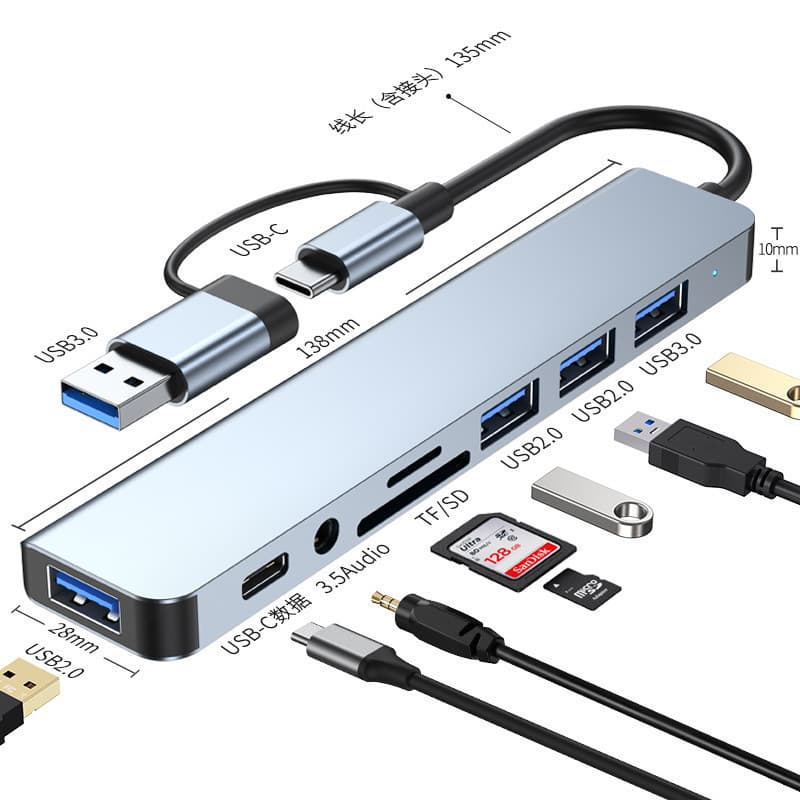 TYPE-C 8/7in1 double-head eight-in-one docking station USB3.0HUB docking station 3.0TF/SD card reader