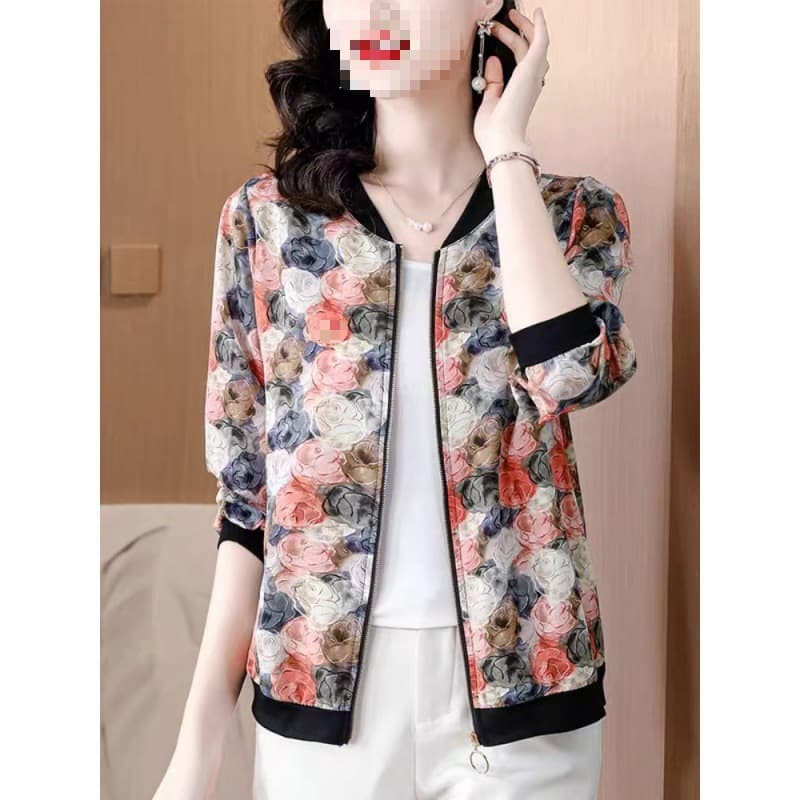 Short Women's Jacket Spring Autumn Summer Loose Long Sleeve Silk Sun Protection Clothing Female Korean Style Crew Neck