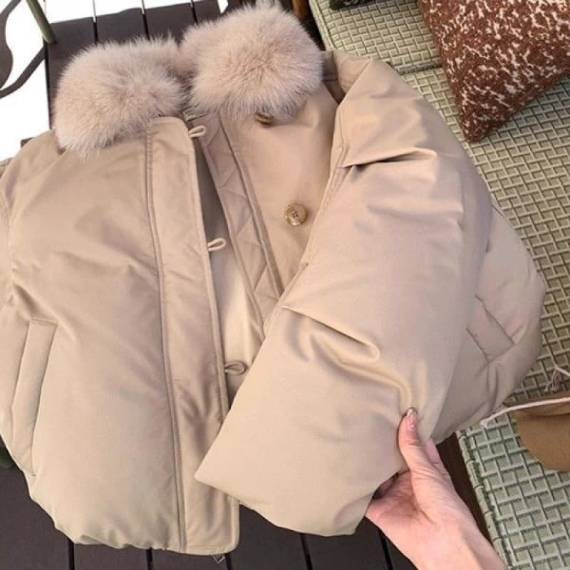 2025 Winter New Fur Collar Premium Short Coat, Patchwork Puffer Jacket, Vintage Fashion Versatile Warm Cotton Padded Bread Coat