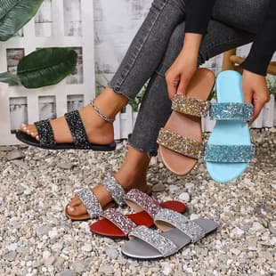Slippers Women Summer New Outdoor Wear Mid Heel Women Slippers Sequins Rhinestones Large Size Casual One Line Beach Shoes
