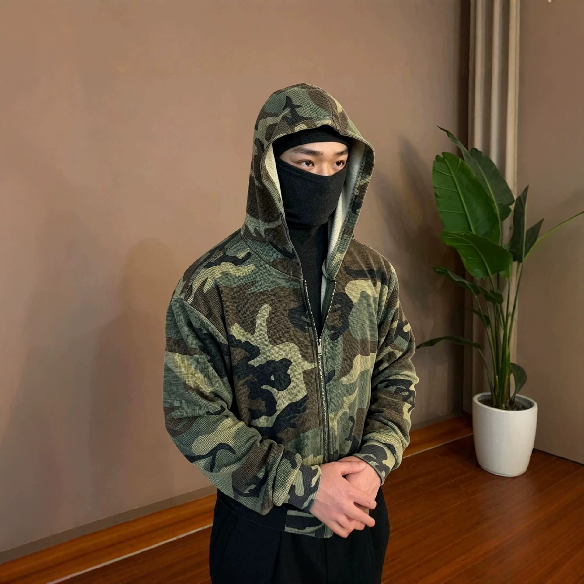 American Camo Open-Front Hoodie Double Hood Waffle Zip-Up Hoodie 3D Digital Print Unisex EU Size Lightweight Cross-Border