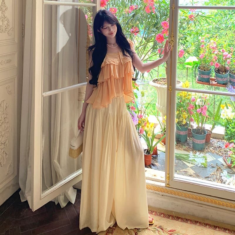 Seaside Vacation Small Flutter Sleeve Camisole Vest and Wide-Leg Pants Set, Women's Summer, Lazy, Slimming, Ruffled Hem, Casual Two-Piece Set