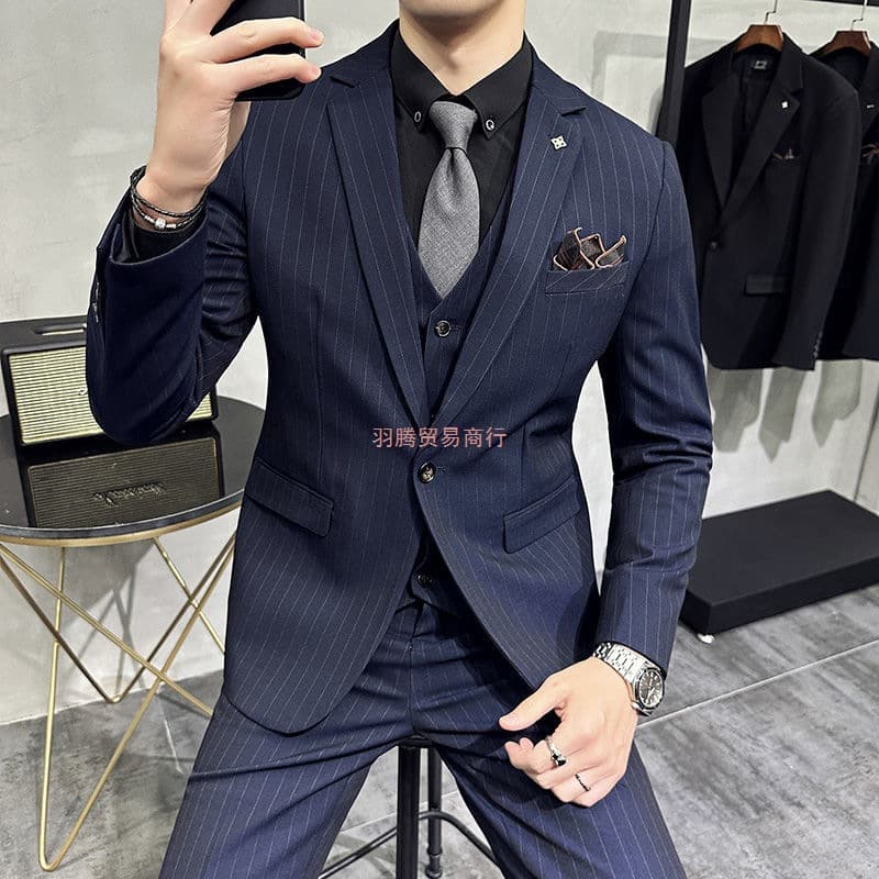 Punk Stripe Suit Gangster Men's High-End Korean Style Slim-Fit Jacket Business Casual Plus Size Wedding Suit Set