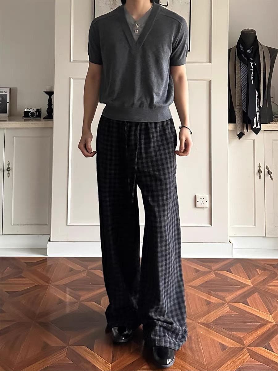 2026 New Cleanfit Seersucker A-Line Plaid Pants for Men, Summer Thin Casual Loose Wide-Leg Curved Knife Pants