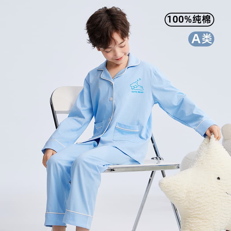 Mother and Baby Grade A Cotton Pajama Cardigan 2026 New Style Boys Big Kids Lapel Collar Pure Cotton Homewear Set Trendy