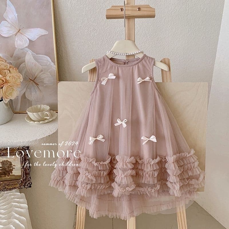 Girls Princess Dress Sleeveless Summer Mesh Tulle Dress New Sweet Baby Summer Bow Dress Fashion