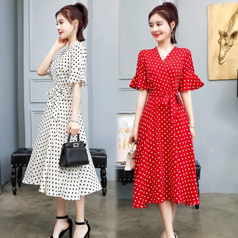 Polka Dot Dress Women's Flared Sleeve Mid-Length A-Line Skirt Summer New Fitted V-Neck Tie Fairy Dress