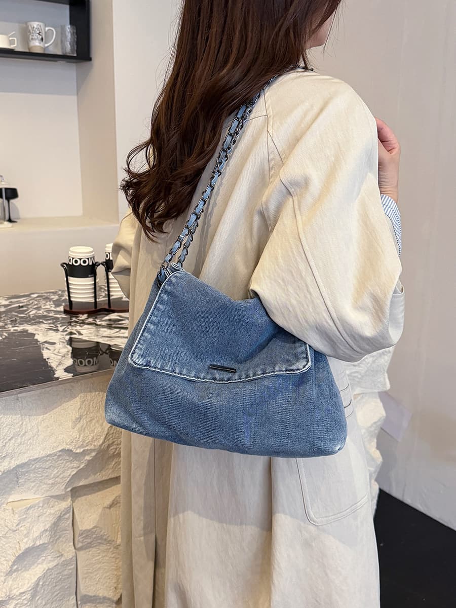New Korean-style Chain Large-capacity Denim Tote Bag Casual College Student Shopping Bag Commuter Shoulder Crossbody Bag for Women