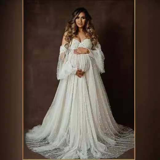 European/American Women's Wear Mesh Applique Beaded One-shoulder Maternity Cross-border Long Dress Photography Floor-length Dress 1241