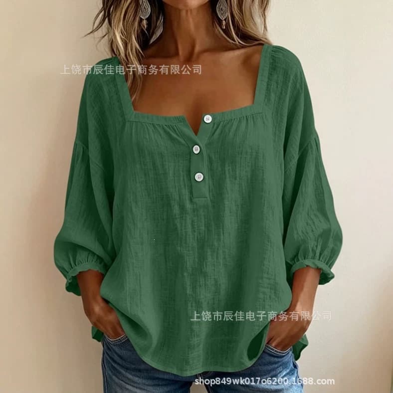 2026 European and American cross-border new women's casual square collar three-quarter sleeve pullover loose solid color multi-color women's shirt