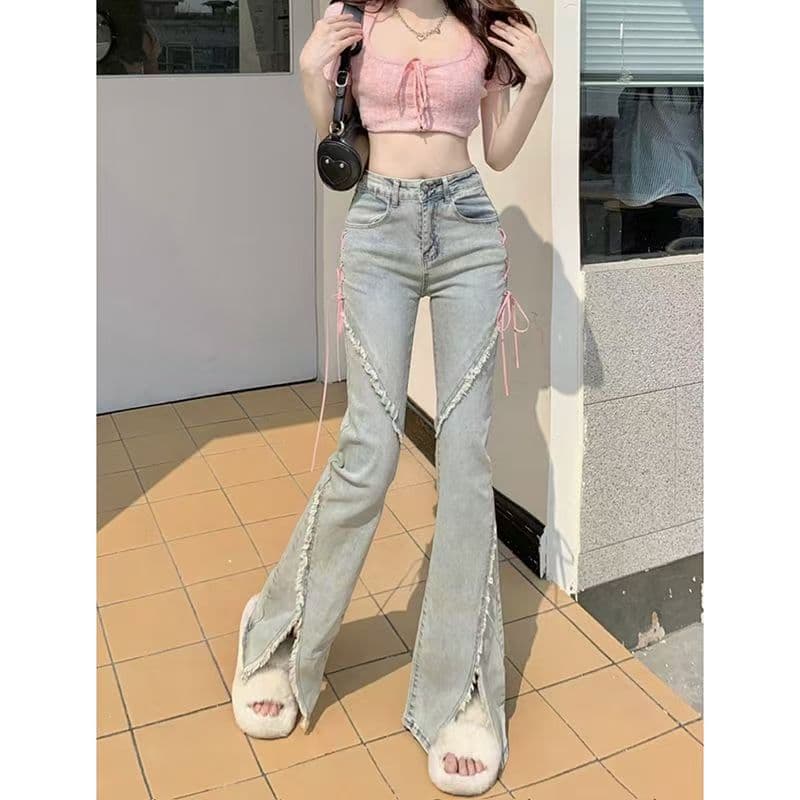 American Retro Denim Jeans for Women, Unique Design Irregular Flared Slim Fit High-Waisted Split Lace-Up Pants