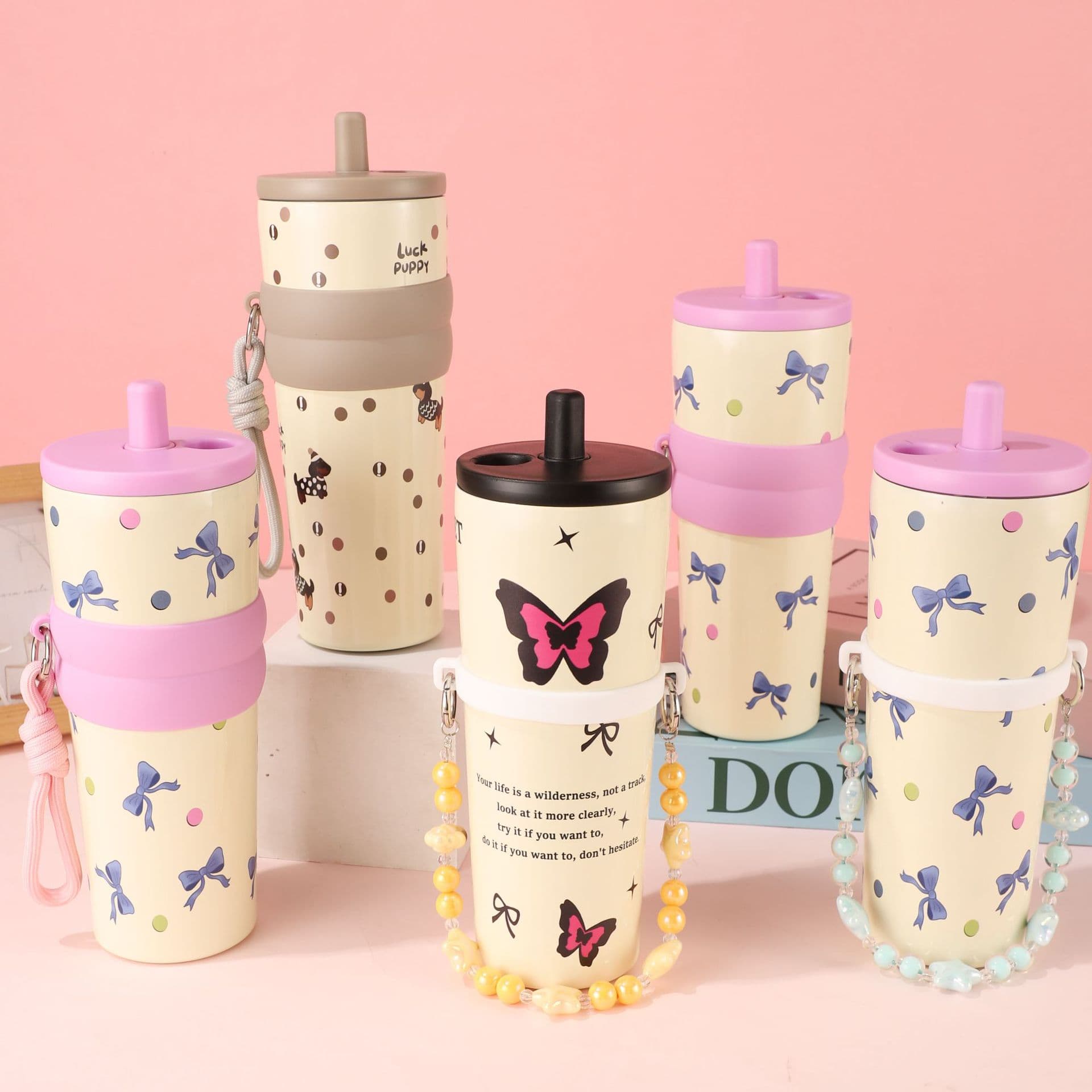 Cream yellow series printed thermos cup with bow, polka dots, puppy beaded chain, girly heart, portable stainless steel water cup