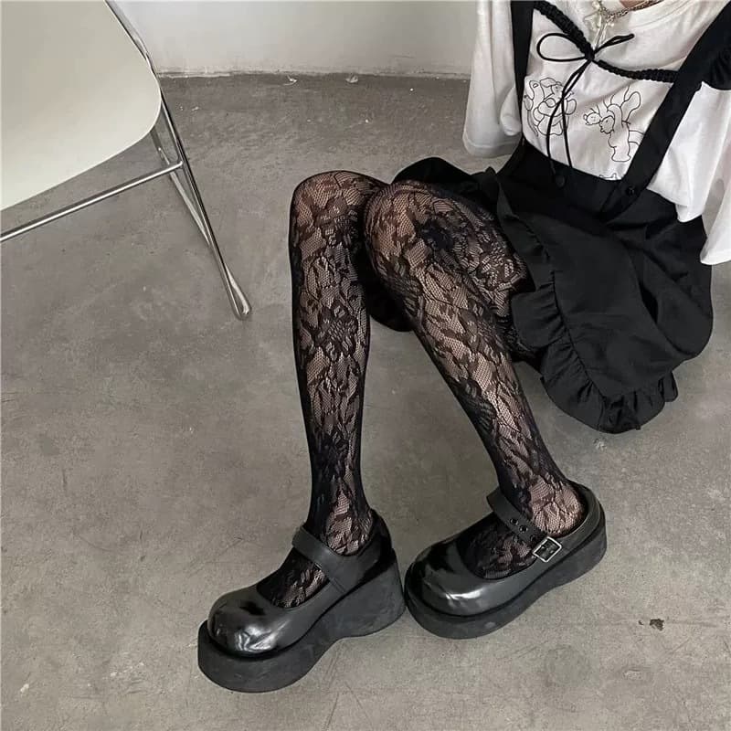 Sexy Vintage Lace Fishnet Stockings, Sensitive Hollow Floral Knit Thin Dark Pure Desire White Pantyhose Barely There
