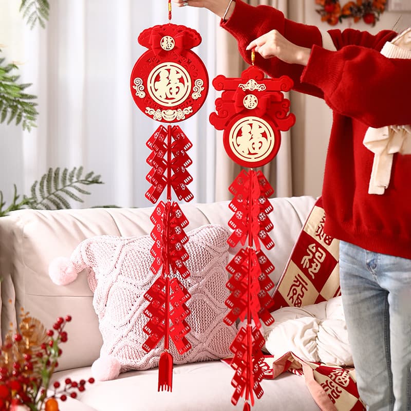 2026 Year of the Horse Spring Festival Firecracker Decoration, New Year Hanging Ornament for Festive Scene Setting, Blessing Character Wall Hanging, New Year Goods Decoration