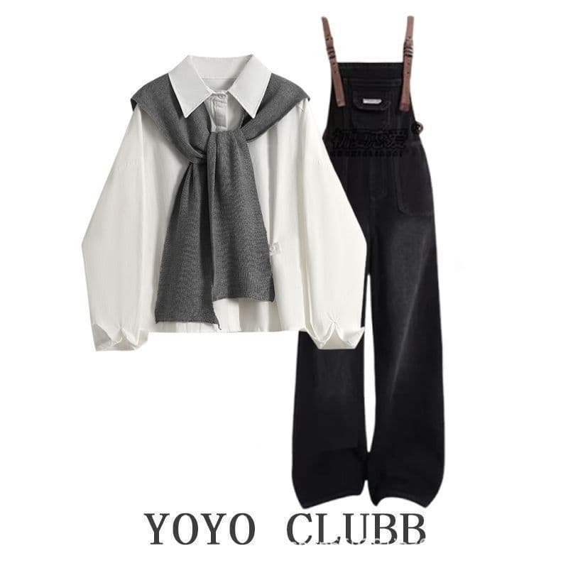 2025 New Korean Style Women's Suit: Shirt Top with Shawl and Slimming Denim Overalls Three-Piece Set