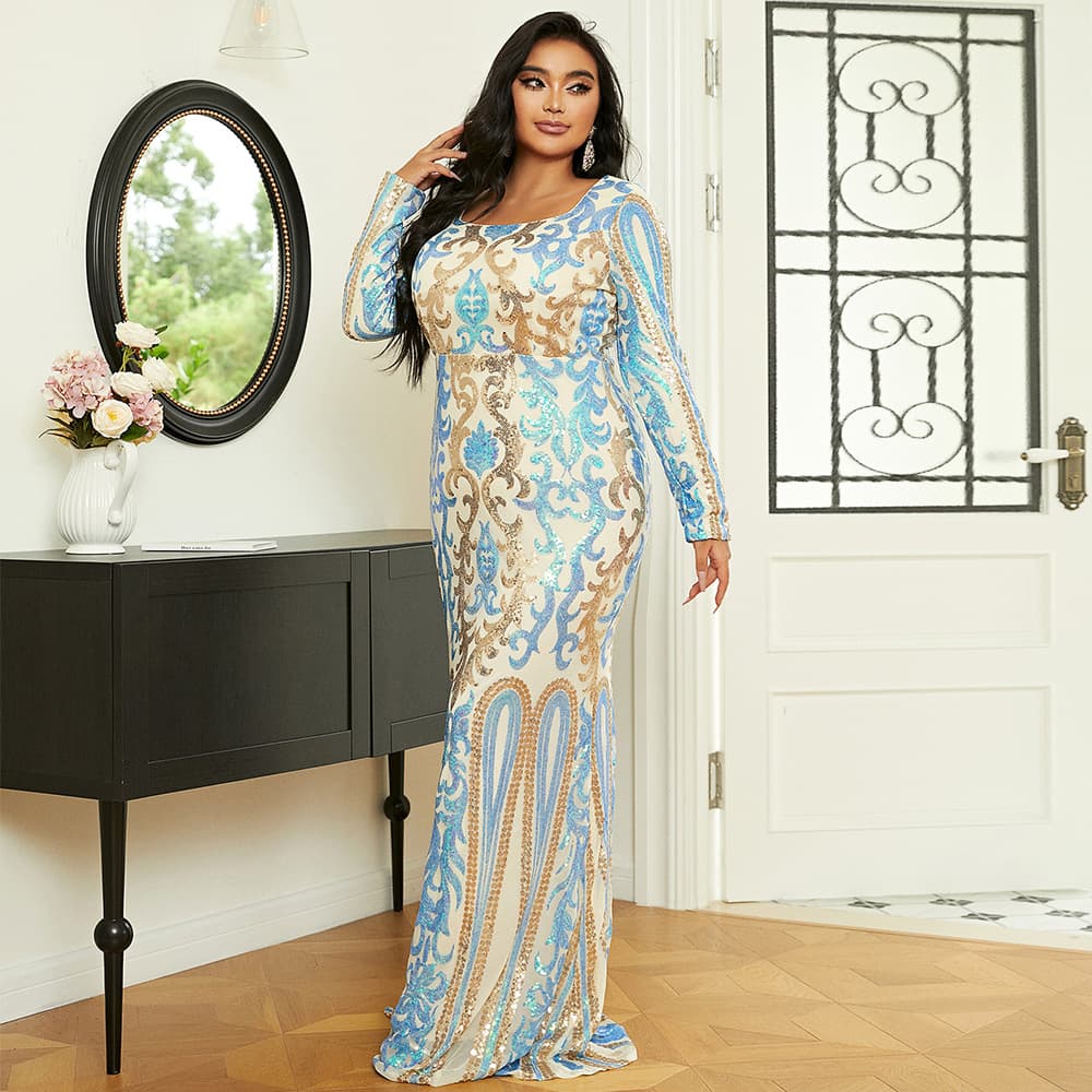 Cross-border Export Amazon European and American Plus Size Women's Long Wedding Party Banquet Luxury Sequin Evening Gown