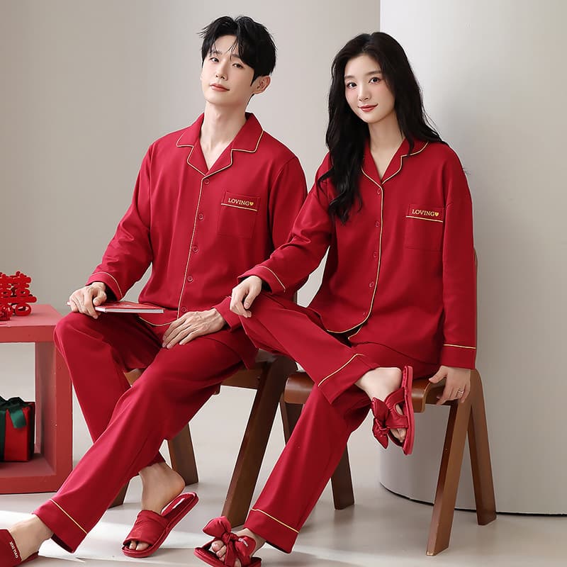 Red Long-Sleeve Cardigan for Spring/Autumn, Cotton Wedding Couples Pajamas, Festive Zodiac Year Men's and Women's Homewear