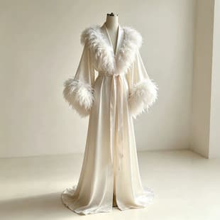Luxurious Ostrich Feather Collar Long Morning Robe for Women, Acetate Satin Train Robe, Bride Wedding Dress Open-Front Bathrobe, Light Luxury Gift