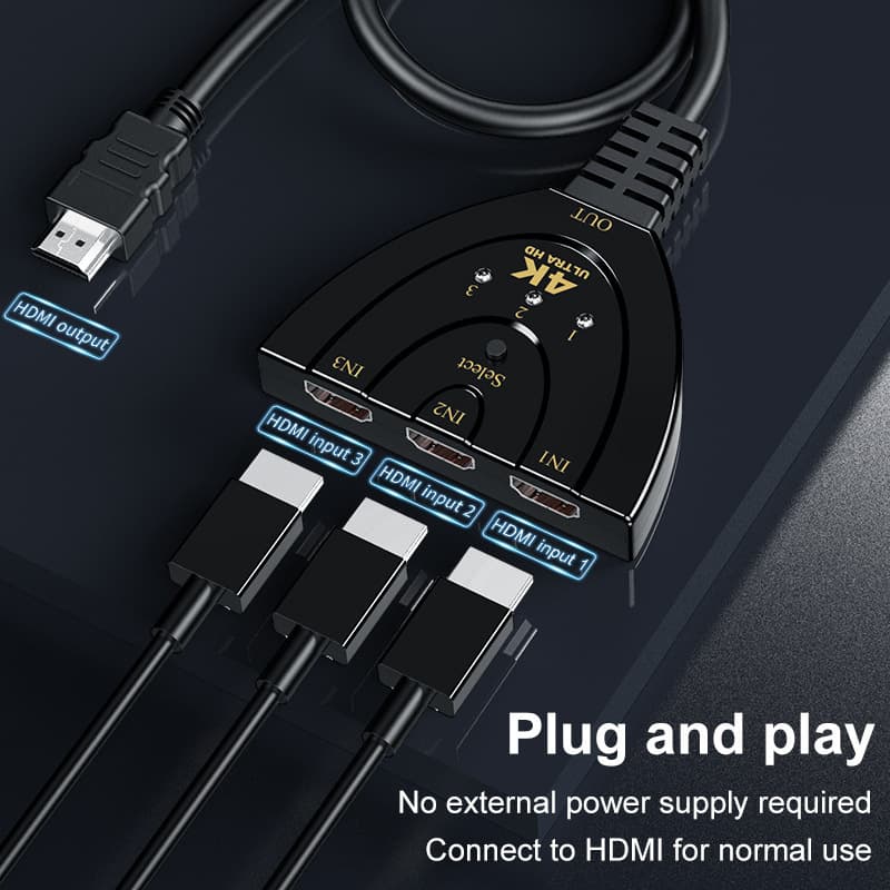 HDTV Converter Switcher 3-in-1 Pig Tail Switch 3 Input 1 Output 4K High Definition with Cable