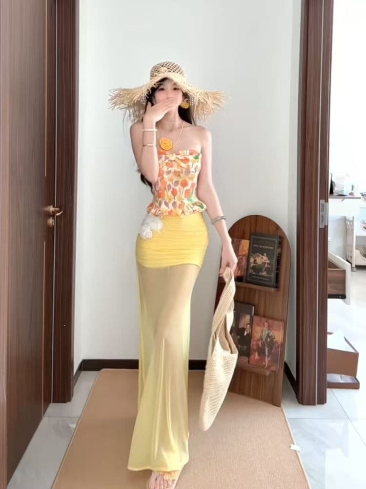[Original Fabric + Lining] French Floral Ruffle Off-Shoulder Vacation Mesh Bodycon Dress Set
