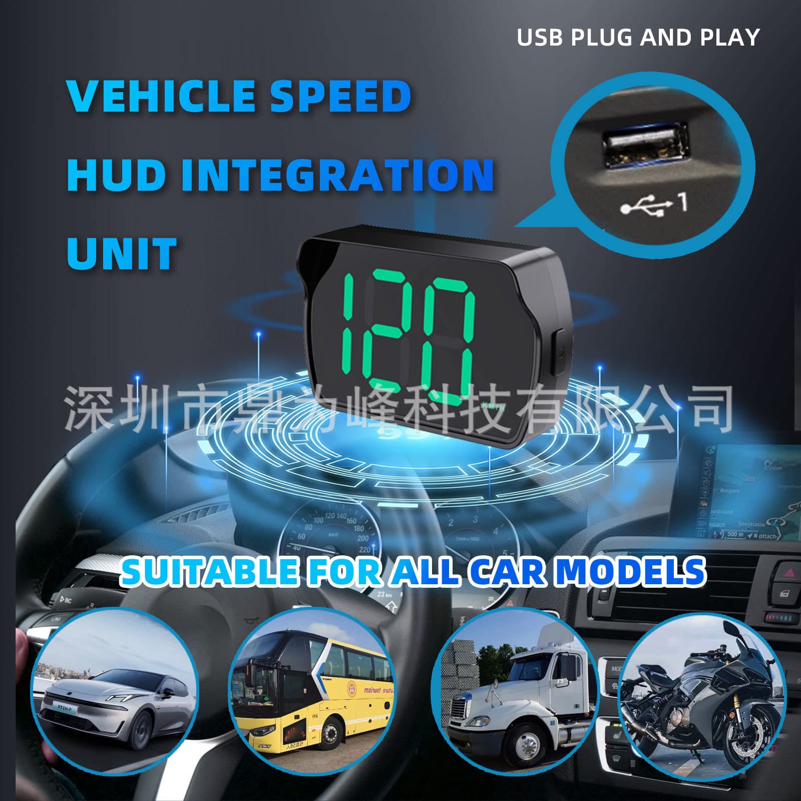 2024 New Car HUD Head-Up Display for Cross-Border E-Commerce, KMH/MPH Universal Fit, Factory Direct