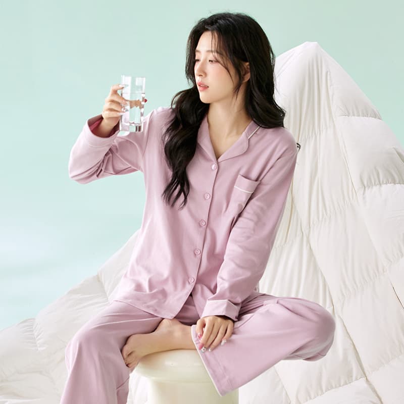 Women's Cotton Pajama Set Long Sleeve Cardigan Notch Lapel Solid Casual Loungewear Soft Breathable