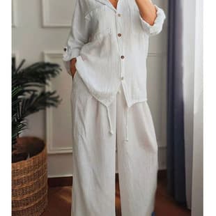 Korean Style 2025 Cross-Border Independent Station Loose Linen Cotton Solid Shirt with Button Wide-Leg Pants Two-Piece Set for Women
