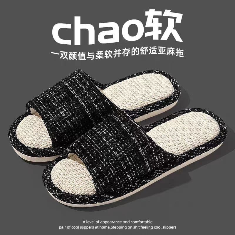 Japanese Linen Slippers Women's Chanel Style Home Slippers Couple's Home Four-Season Open Mute Floor Slippers for Guests