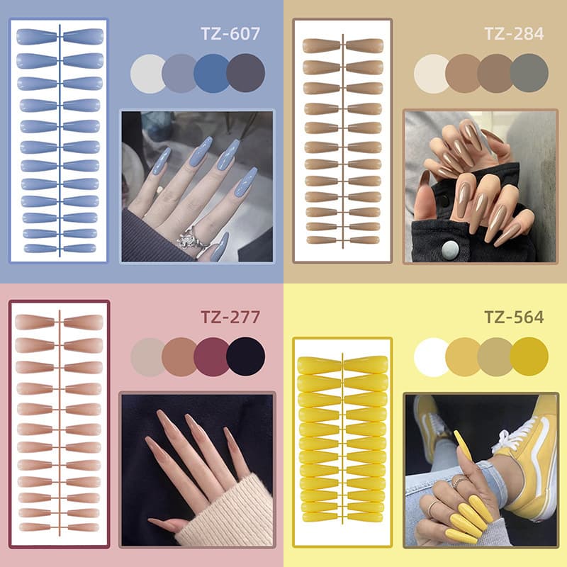 [Strip Pack] Long Ballet Glossy Trapezoidal European and American Solid Color False Nail Stickers Finished Products 24 Pieces Wearable Nail Nails Wholesale