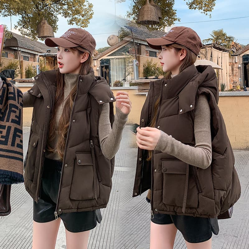 2025 Fall/Winter New Women's Hooded Puffer Vest Loose Fit Casual Cotton Vest Outerwear Thick