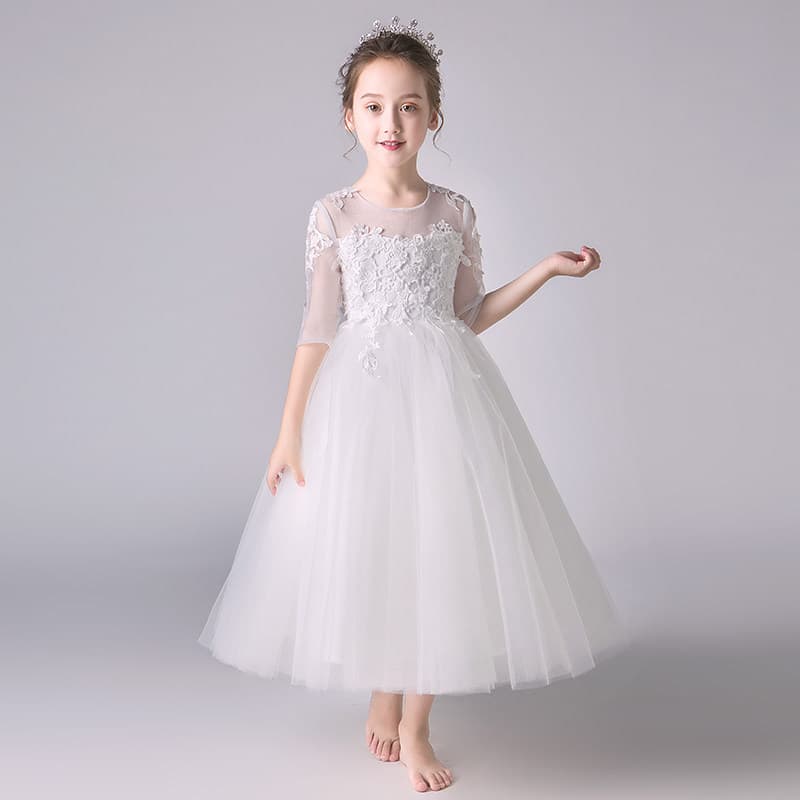 Girls Birthday Princess Dress, Little Girl Tulle Wedding Gown, Children's Piano Performance Outfit, Flower Girl Evening Dress in White