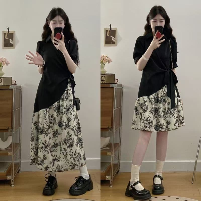 Autumn new style new Chinese style ink flower splicing long-sleeved dress slim design waist long skirt