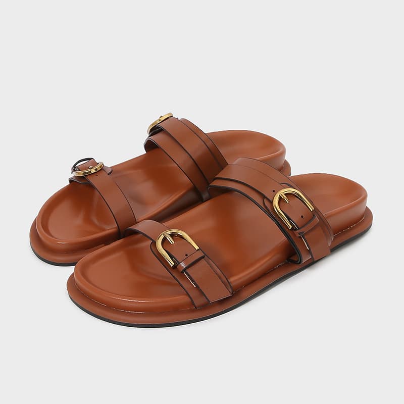 ZA2024 Summer New Women's Shoes Brown Leather Buckle Thick Sole Sandals British Style One-Strap Slide Sandals