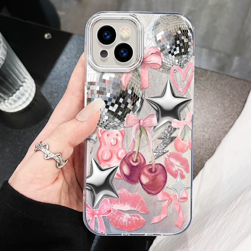 Cherry Star Phone Case Compatible with 16 Pro Max Apple iPhone 15 Protective Cover 14 Unique 12 Feather Yarn Large Hole 11