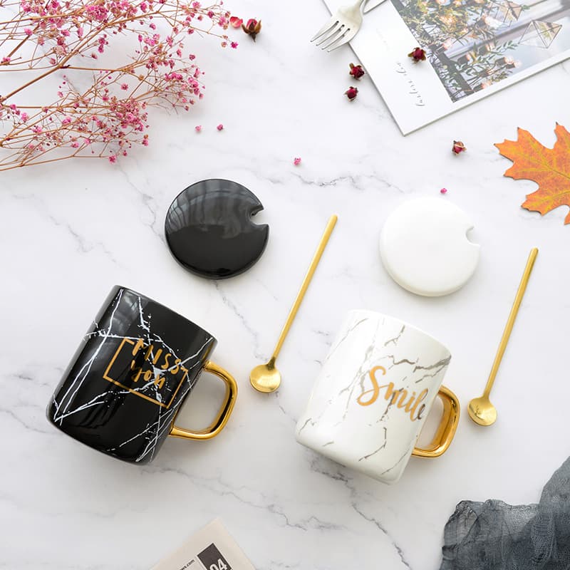 Outu Cool Creative Nordic Style Marble Gold Rim Mug Black and White Couple Water Cup with Lid and Spoon for Men
