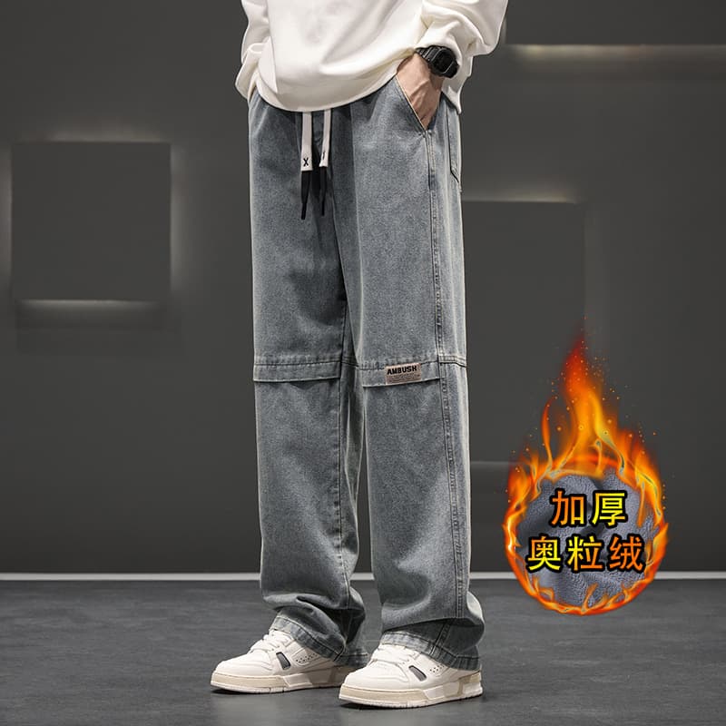 JYF-A708 Fleece-Lined Washed Elastic Waist Jeans Men Trendy Brand High-Street Small Logo Straight Leg Pants Fleece-Lined Thickened