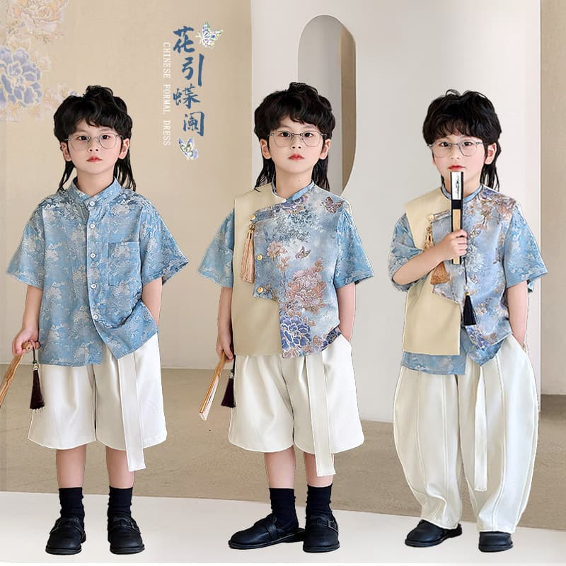 Children New Chinese Style Tang Suit Vest 2025 Spring/Summer New Unisex Short Sleeve Floral Shirt Baby National Style Floral Mandarin Jacket