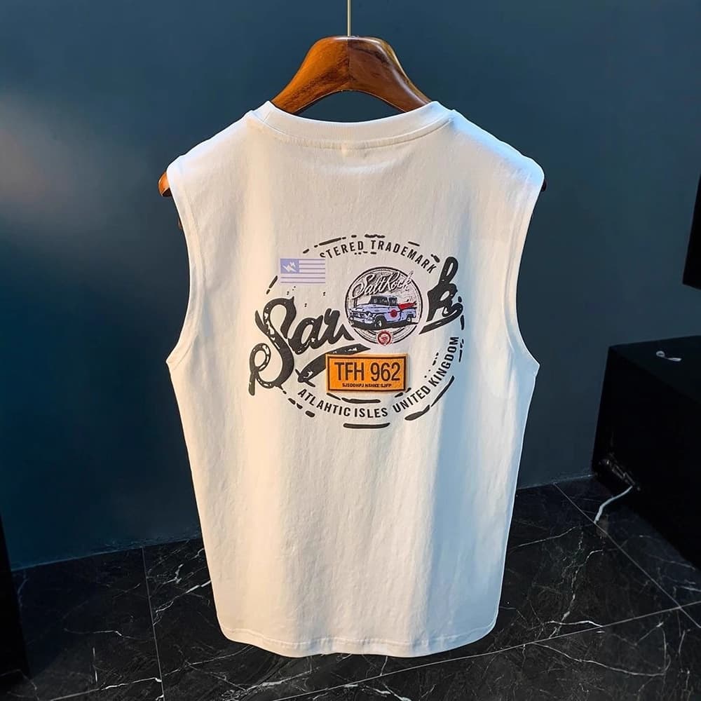 American Style Men's Vest 2025 Printed Sleeveless T-Shirt Tank Top Sports Undershirt Cotton