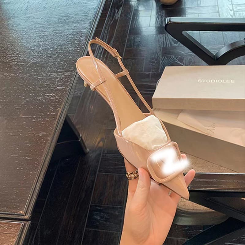 Trendy Women's Shoes Valentino Style Pointed Toe High Heels Patent Leather French Closed Toe Open Back Slim Heel Summer Sandals for Women
