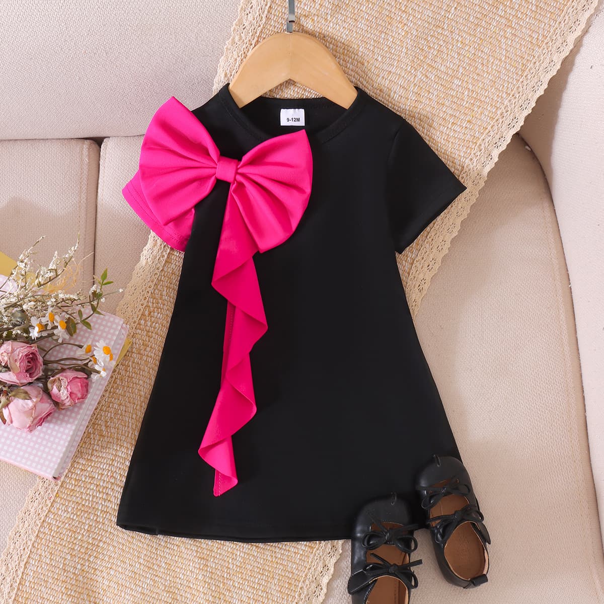 Baby Girls Clothes 0-3Y baby girl summer short-sleeved big bow contrasting color dress in stock